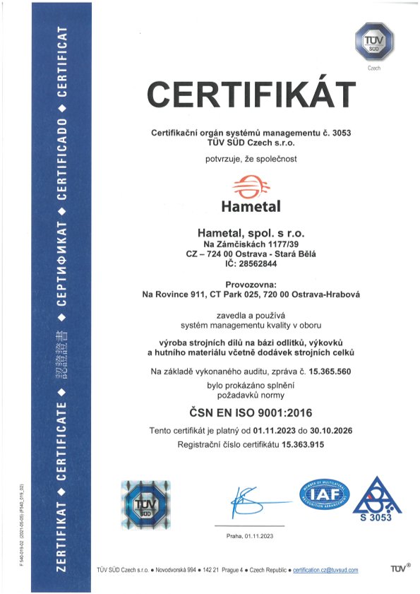 Certifikát ISO 9001 2023 - 2026